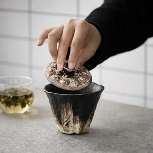 May include: A black and beige ceramic tea cup with a matching lid. The lid is being lifted by a hand. The cup has a textured, organic design. A glass of tea is visible in the background, suggesting a tea set.