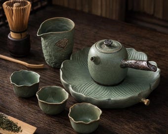 Japanese Kyusu Teapot Set with Lotus Tray – Matcha Gift, Zen Home Decor