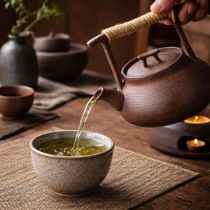 Op de afbeelding: Een bruine keramische theepot met een touwhandvat schenkt thee in een gespikkelde keramische theekop. De thee heeft een lichtgroene kleur. Op de achtergrond staat een kleine kaarsenwarmer met twee brandende kaarsen.