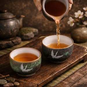 May include: Two ceramic tea cups with a crane design are filled with tea. A person is pouring tea from a matching tea pitcher. The cups have a white interior and a green and black exterior with a gold rim. The tea is amber-coloured.
