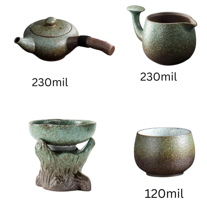 May include: A ceramic tea set with a rustic, mottled green and brown glaze. The set includes a teapot with a wooden handle, a creamer, a small bowl, and a teacup. The teapot and creamer are marked with "230mil", and the teacup is marked with "120mil".