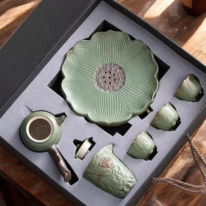 Japanese Kyusu Teapot Set with Lotus Tray – Matcha Gift, Zen Home Decor image 2