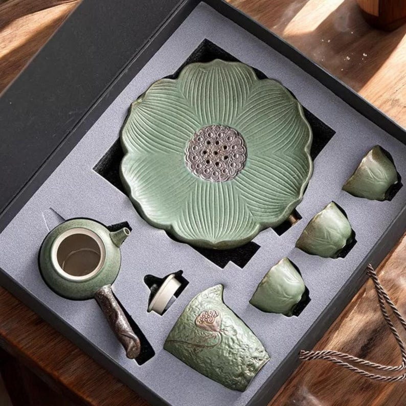 Japanese Kyusu Teapot Set with Lotus Tray – Matcha Gift, Zen Home Decor image 2
