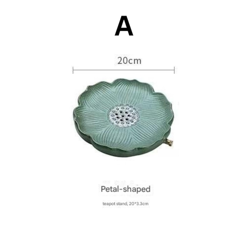 May include: A teal, petal-shaped teapot stand, 20cm in diameter. The stand has a detailed floral design with a central perforated area. The image includes the text "A" and "20cm".