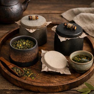 Puede incluir: Una bandeja de madera con juegos de té de cerámica. El juego incluye pequeños tarros con tapas, un cuenco lleno de hojas de té y una taza pequeña de té. Los tarros tienen tapas de piedra con detalles de cuerda.