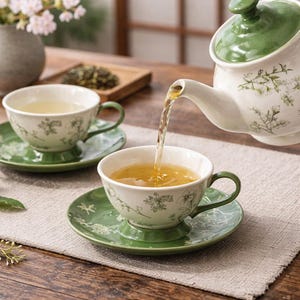 Puede incluir: Una tetera y tazas de té de porcelana blanca con un diseño floral verde. Se está vertiendo té en una taza de té desde la tetera. Las tazas de té están sobre platillos verdes. La escena está ambientada en una mesa de madera con un camino de mesa de lino.
