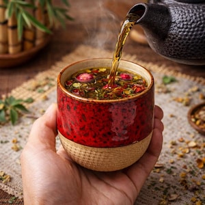 Puede incluir: Una taza de cerámica roja y beige se sostiene, llenándose de té de una tetera negra. El té es de color dorado y contiene hierbas y pétalos de flores. La taza tiene un esmalte rojo moteado en la mitad superior y una base beige texturizada.