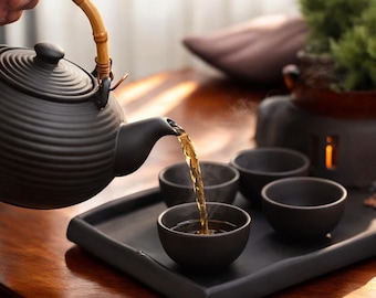 Japanese Gongfu Tea Set with Stove Black Ceramic Teapot 4 Cups Warmer Tray