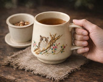 Cat Tea Mug with Lid Ceramic Japanese Floral Cup Gift for Cat Lovers Handmade