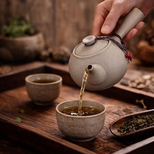 Könnte beinhalten: Eine graue Keramik-Teekanne gießt Tee in eine passende Tasse, mit einer weiteren Tasse und einem Holztablett im Vordergrund. Die Teekanne hat einen gebogenen Griff und einen kleinen Deckel. Ein Holzlöffel enthält losen Tee. Der Tee hat eine hellbernsteinfarbene Farbe.