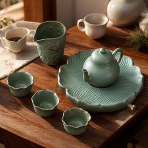 Japanese Kyusu Teapot Set with Lotus Tray – Matcha Gift, Zen Home Decor 2 style set