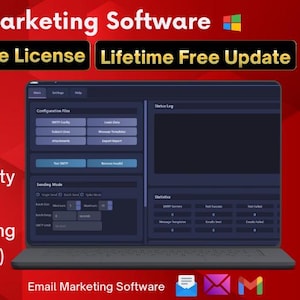Könnte beinhalten: Rote Grafik, die für "Powerful Bulk Email Marketing Software" wirbt, mit einem Laptop, der die Softwareoberfläche anzeigt. Zu den Funktionen gehören unbegrenztes E-Mail-Senden, SMTP-Integration und eine lebenslange Lizenz. Der Text "One-Time Payment" wird ebenfalls angezeigt.
