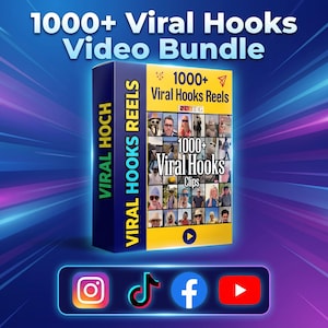 以下が含まれることがあります： 1000+ Viral Hooks Video Bundleとラベル付けされたデジタル製品ボックス。黄色い前面パネルには、様々な人物のポートレートのグリッドと1000+ Viral Hooks Clipsというテキストが表示されています。側面パネルは青色で、VIRAL HOOKS REELSというテキストが記載されています。