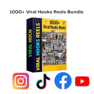 Può includere: Viene mostrato un pacchetto di oltre 1000 reel di hook virali. La scatola del prodotto è principalmente gialla e nera, con il testo "1000+ Viral Hooks Reels" e "Viral Hooks Clips". Sono presenti anche le icone dei social media per Instagram, TikTok, Facebook e YouTube.