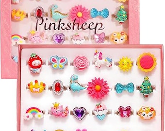 PinkSheep Little Girl Jewel Rings in Box – 24 Adjustable