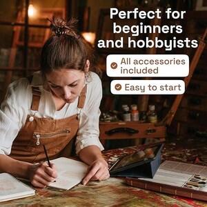 May include: A white shirt and brown overalls with a front zipper pocket. The image includes text: Perfect for beginners and hobbyists, All accessories included, and Easy to start. A black stylus is used to write in a notebook near a tablet.