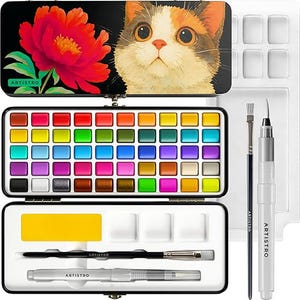 May include: A watercolor paint set in a black metal tin featuring a cat and a red flower on the lid. The set includes forty-eight vibrant paint pans, a yellow sponge, two brushes, and a water brush pen, all labeled with the brand name ARTISTRO.