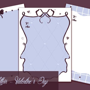 Peut inclure: Trois feuilles de papeterie sur le thème de la Saint-Valentin. Les feuilles sont bleu clair et blanches, avec des éléments décoratifs comme des nœuds, des cœurs et un motif en losange. Le texte "Love Letters - Valentine's Day" est en bas.