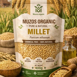 May include: A stand-up pouch of Muzos Organic millet with a kraft paper texture. The label features the text Muzos Organic, Pure & Natural, Millet, Panicum miliaceum, Chemical Free, 100% Natural, 100% Natural, Acee Paetion, High in Magnesium, and 400g.