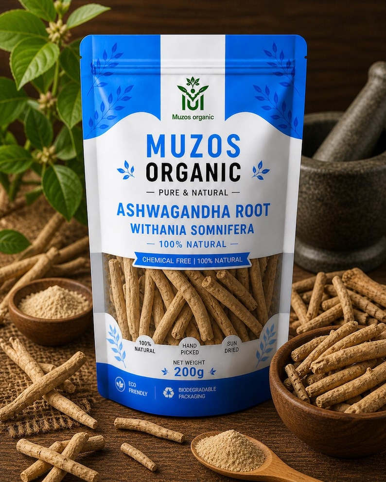 May include: A white and blue stand-up pouch of Muzos Organic Ashwagandha Root Withania Somnifera. The label states 100% natural, chemical free, hand picked, sun dried, and a net weight of 200g. The pouch features a clear window showing dried roots.
