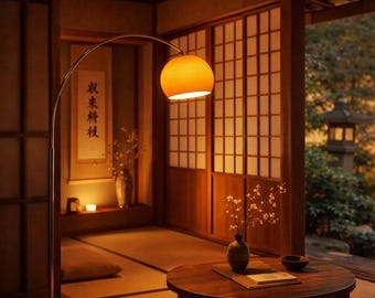 Lámpara de pie de arco, hierro y vidrio, luz LED cálida, estilo japonés color crema, decoración del hogar.