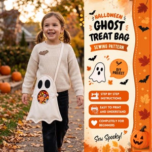 May include: A sewing pattern for a Halloween ghost treat bag. The design features a white ghost-shaped bag with a circular clear window filled with sweets. The instructional text includes "Halloween Ghost Treat Bag," "Sewing Pattern," "DIY Project," "Step by Step Instructions," "Easy to Print and Understand," "Completely for Beginners," and "Sew Spooky!" with autumn leaf and bat graphics.