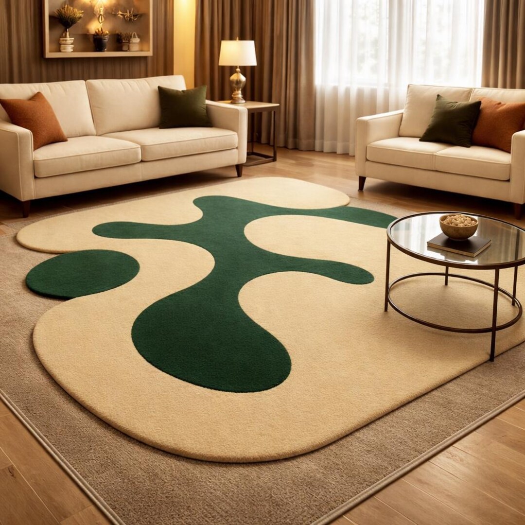 Abstract Organic Shape Area Rug Beige Green Modern Minimalist Floor ...