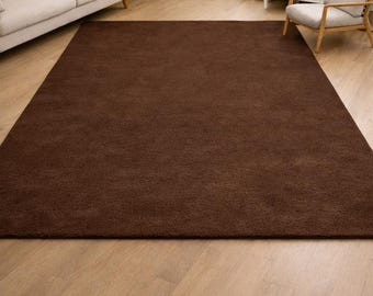 Minimalist Solid Brown Wool Rug Handmade Tufted Area Rug for Living Room Soft Plush