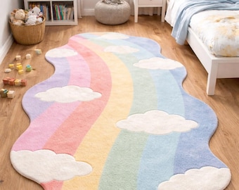 Alfombra de nube de arcoíris pastel para habitación infantil, guardería, sala de juegos, alfombra suave con dibujos animados