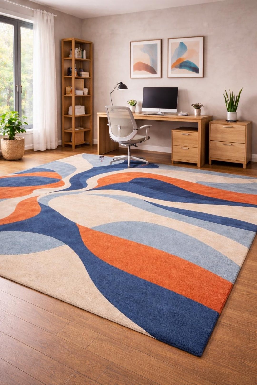 Modern Abstract Wave Pattern Rug Blue Orange & Cream Artistic Carpet ...