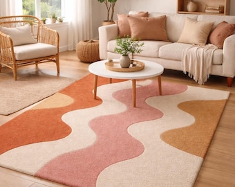Modern Abstract Area Rug Wavy Pattern Wool Tufted Carpet Pink Terracotta Cream Living Room