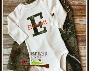 Infant Boy's Letter Applique with Name Bodysuit and Realtree Fabric Camo Pants Set Size NB-18M