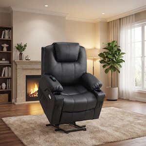 MCombo Electric Power Lift Lehnsessel für ältere Menschen, Beheizter Massage Lift Stuhl mit USB-Anschlüssen, Getränkehalter, Kunstleder, Schwarz
