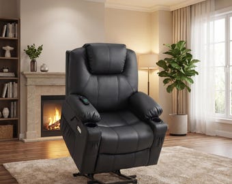 MCombo elektrische powerlift fauteuil voor ouderen, verwarmde massageliftstoel met USB-poorten, bekerhouders, kunstleer, zwart