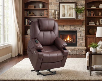 MCombo Elektrisk lyftfåtölj med massage och värme för äldre, konstläder, ljusbrun, medium, 7040