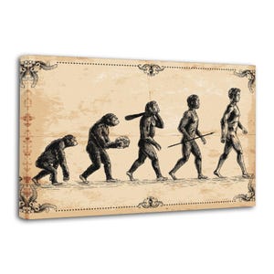 以下が含まれることがあります： 人類の進化を描いたキャンバスプリント。猿のような生き物から現代の人類まで。セピア色の背景には装飾的なコーナー装飾があります。人物は白黒で、最後の人間は槍を持っています。