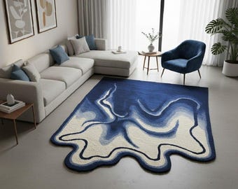 Irregular Blue Wave Area Rug, Hand Tufted Abstract Liquid Rug for Living Room, Modern Aesthetic Melted Carpet, Unique Fluid Decor Art Gift.
