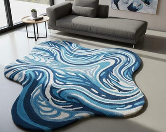 Blue Swirl Irregular Wool Rug, Abstract Wave Living Room Carpet, Hand-Tufted Floor Art