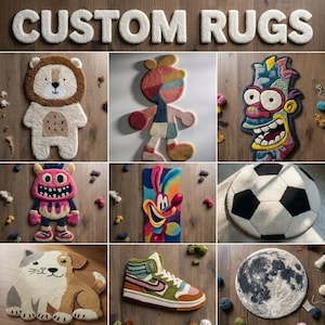 May include: A collection of custom rugs in various shapes and designs. The rugs include a lion, a cartoon character, a monster, a soccer ball, a dog, a sneaker, and a moon. The text "CUSTOM RUGS" is displayed at the top.