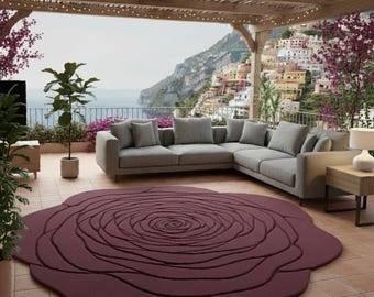 Alfombra de rosas 3D, alfombra de flores moradas, alfombra floral tejida a mano para sala de estar, decoración estética de lujo, alfombra redonda de pétalos