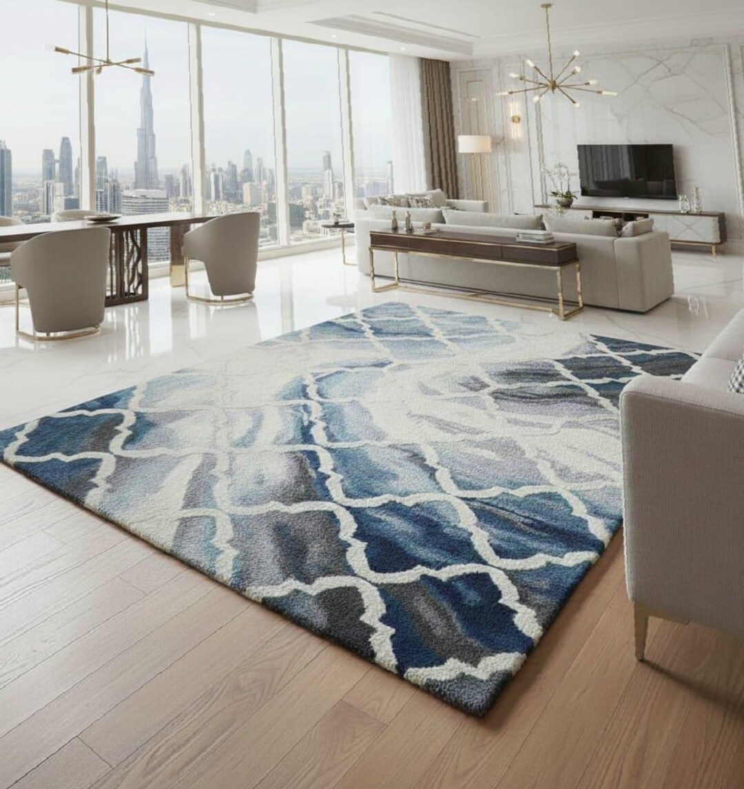 Contemporary Rug Blue Luxury Abstract Blue Area Rug, Modern Hand-tufted Wool Carpet for ...