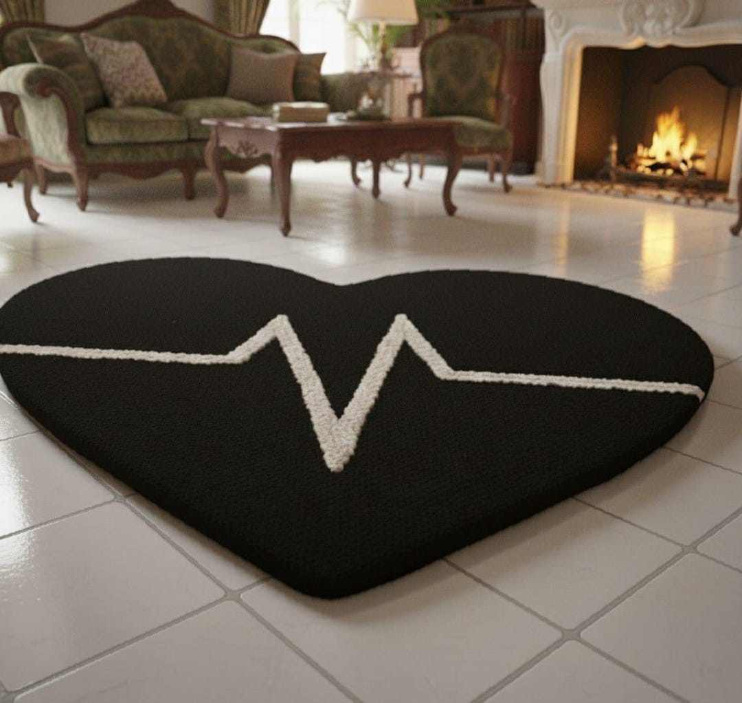 Pulse Border Rug Black Heartbeat Heart Shaped Rug, Gothic Heart Area Rug, EKG Pulse ...