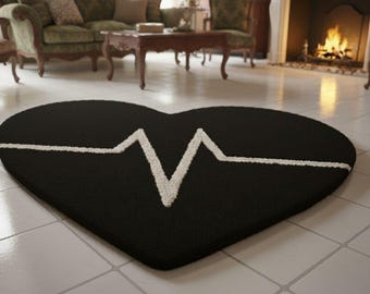 Hartvormig vloerkleed zwart hartslag, gotisch hartvormig vloerkleed, EKG Pulse getuft tapijt, esthetische kamerinrichting, minimalistisch slaapkamerkleed.