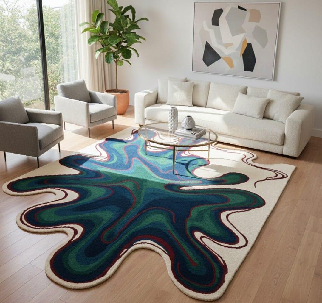 Puddle Rug Shape Hand Tufted Wool Rug - Abstract Blue & Green Amoeba Shape Area Rug ...
