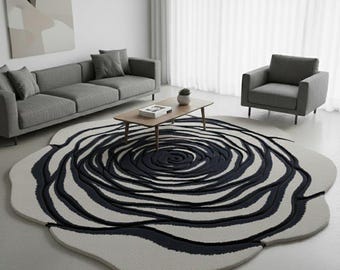 Alfombra de rosas 3D con flores blancas y negras, hecha a mano, para sala de estar, decoración estética de lujo, alfombra redonda con pétalos.