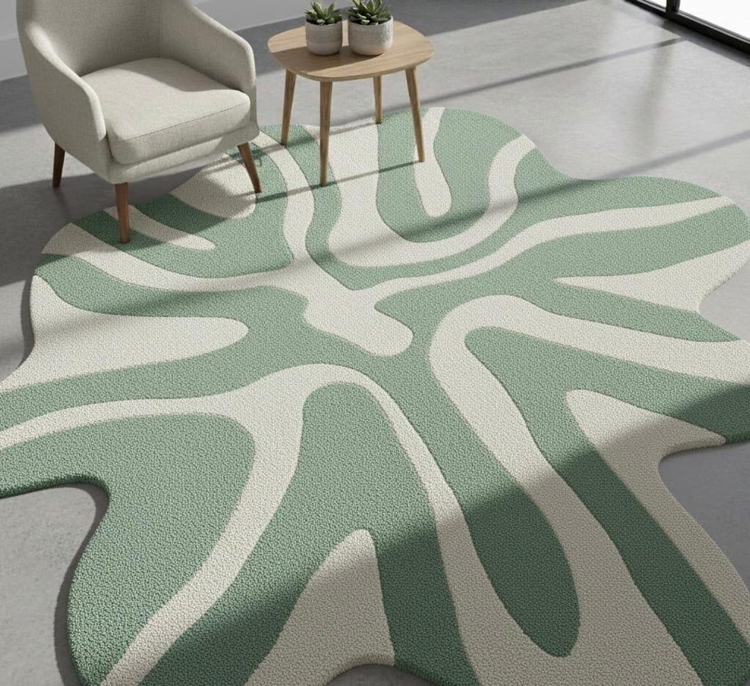 Sage Green Wavy Organic Shape Rug, Abstract Scalloped Edge Area Rug ...