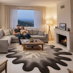 Könnte beinhalten: Ein Wohnzimmer mit einem grauen Ecksofa, einem Couchtisch aus Holz und einem einzigartigen Teppich mit einem Design aus dunkelgrauen, hellgrauen und weißen Spritzern. Ein Kamin und ein großes Fenster sind ebenfalls zu sehen.
