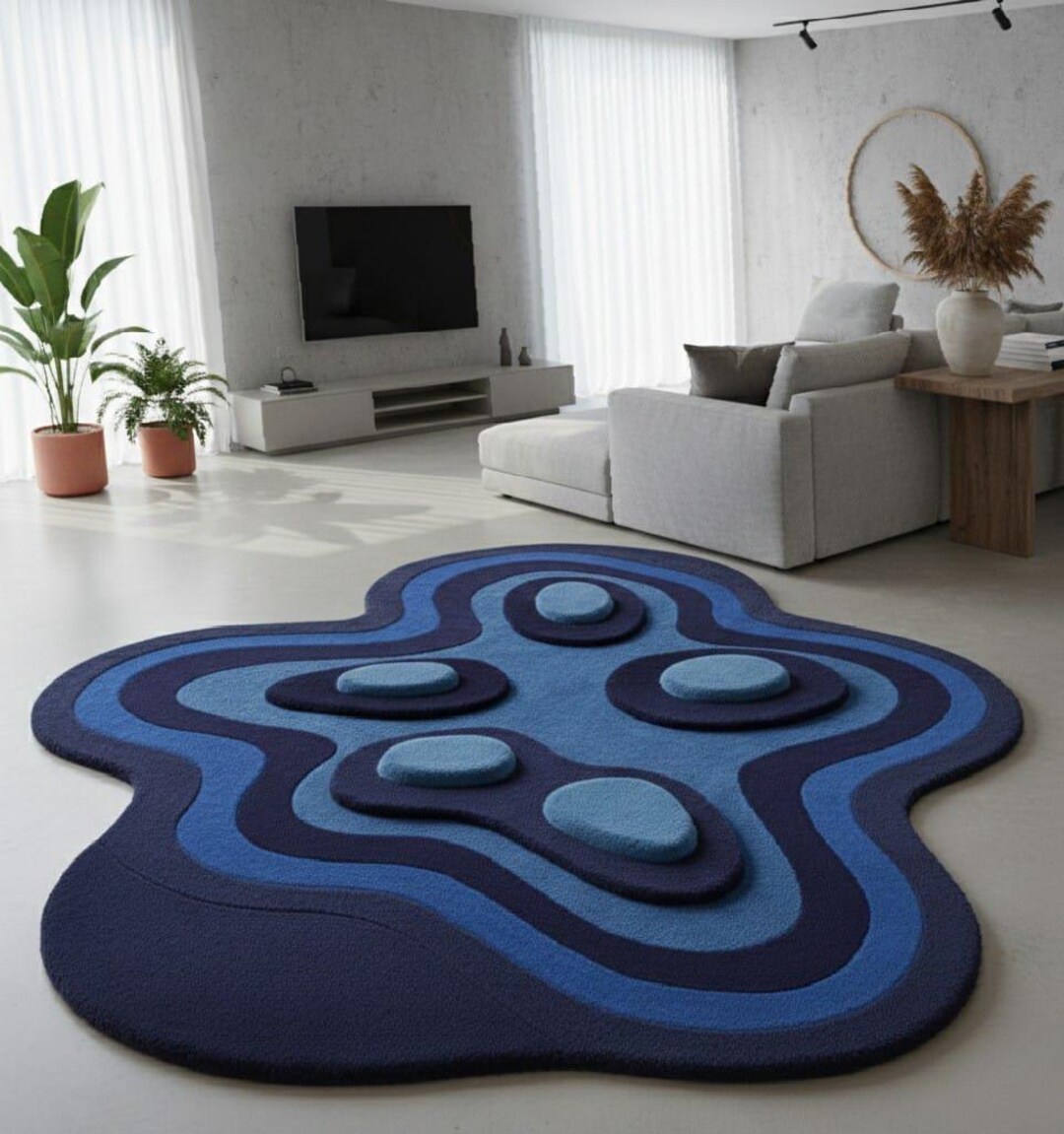 3D Topographic Blue Rug - Abstract Irregular Shape Area Rug - Modern ...