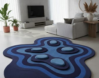3D Topographic Blue Rug - Abstract Irregular Shape Area Rug - Modern Hand Tufted Wavy Carpet for Living Room - Unique Water Ripple Floor Art