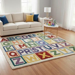 May include: A rectangular area rug with a colorful alphabet design. Each letter of the alphabet is displayed in a different color within a square. The rug is placed on a hardwood floor in front of a cream-colored sofa with blue and yellow throw pillows.